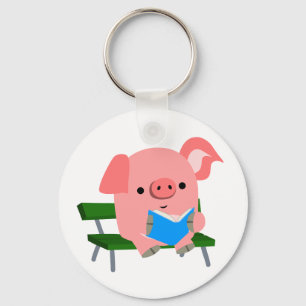 Cute Cartoon Pig Reading on a Bench Sleutelhanger
