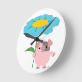 Cute Cartoon Pig With Gift (Blue) Wall Clock Ronde Klok (Hoek)