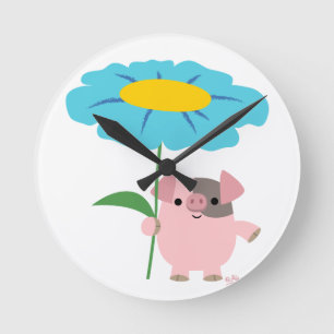 Cute Cartoon Pig With Gift (Blue) Wall Clock Ronde Klok