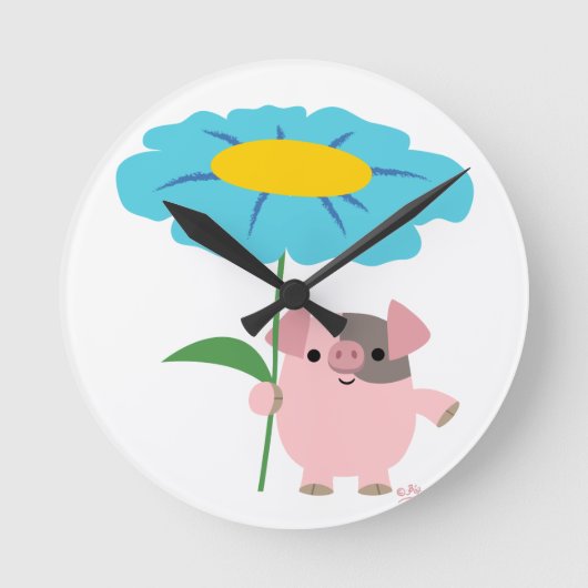 Cute Cartoon Pig With Gift (Blue) Wall Clock Ronde Klok (Voorkant)