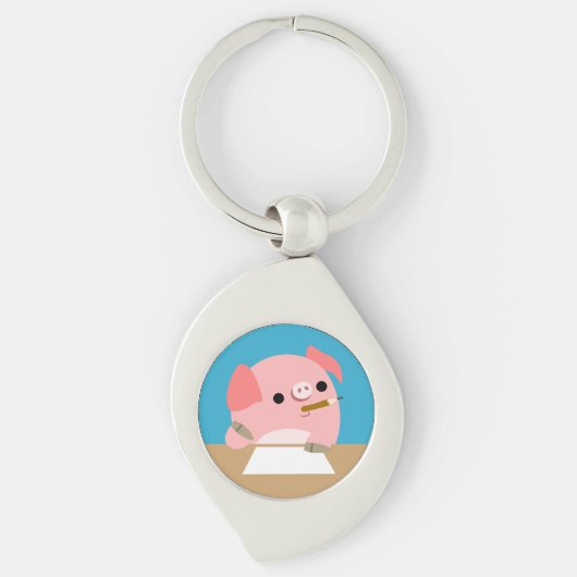 Cute Cartoon Pig "Writers Block" Metal Sleutelhang Sleutelhanger (Voorkant)