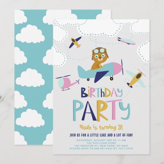 Cute Cartoon Pilot Beer Kids Birthday Party Kaart (Voorkant / Achterkant)