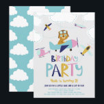 Cute Cartoon Pilot Beer Kids Birthday Party Kaart<br><div class="desc">Een schattige en kleurrijke verjaardagsuitnodiging met een afbeelding van een beer omringd door vliegtuigen en wolken. Deze verjaardagsuitnodiging is perfect voor kinderen die verjaardagsfeestjes houden. Er zijn matchingstempels,  kaarten,  labels en andere items beschikbaar.</div>