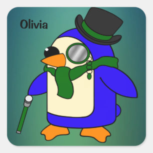 Cute cartoon pinguin blauwgroen donkerdonkergroen vierkante sticker
