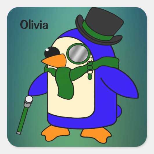 Cute cartoon pinguin blauwgroen donkerdonkergroen vierkante sticker (Voorkant)
