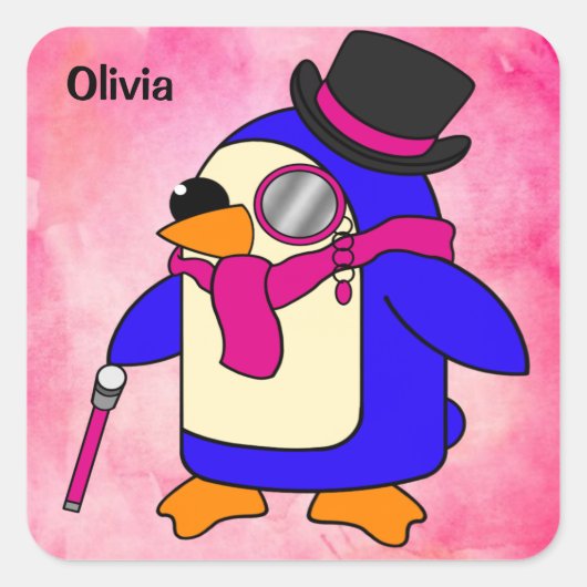 Cute cartoon pinguin bloemroze vierkante sticker (Voorkant)