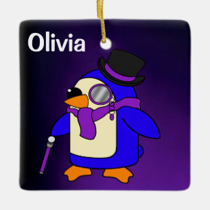 Cute cartoon pinguin diep paars en violet keramisch ornament