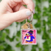 Cute cartoon pinguin flowery pastelroze sleutelhanger (Hand)