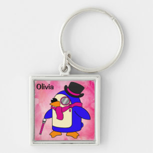 Cute cartoon pinguin flowery pastelroze sleutelhanger