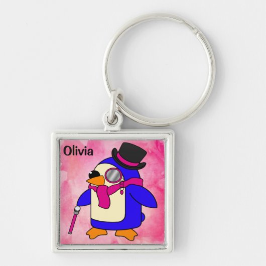 Cute cartoon pinguin flowery pastelroze sleutelhanger (Voorkant)