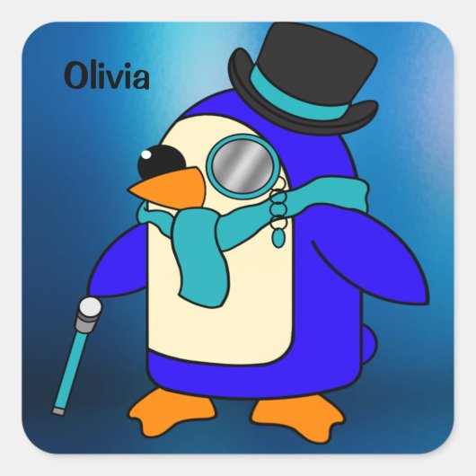 Cute cartoon pinguin frosty blue vierkante sticker (Voorkant)