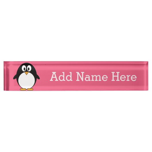 Cute Cartoon pinguin Illustratie Hot Pink Black Naambordje (Voorkant)