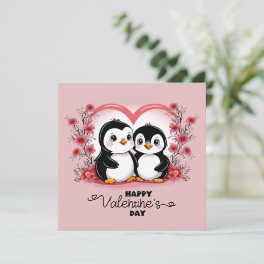 Cute Cartoon Pinguïn Liefhebbers Hartjes Valentijn Feestdagenkaart (Staand voorkant)