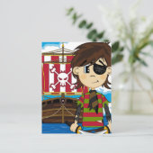 Cute Cartoon Pirate and Ship Briefkaart (Staand voorkant)