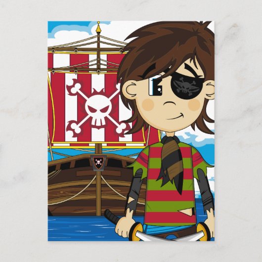 Cute Cartoon Pirate and Ship Briefkaart (Voorkant)