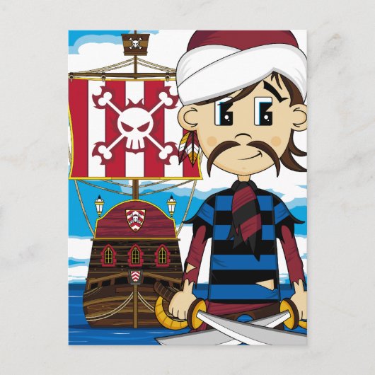 Cute Cartoon Pirate and Ship Briefkaart (Voorkant)