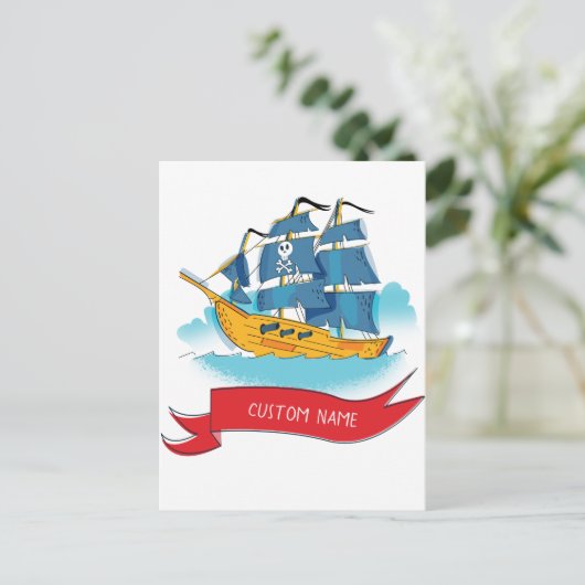 Cute Cartoon Pirate Ship Custom text Briefkaart (Staand voorkant)