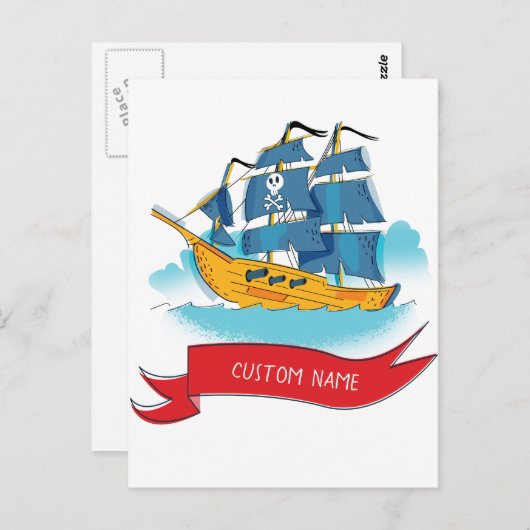 Cute Cartoon Pirate Ship Custom text Briefkaart (Voorkant / Achterkant)