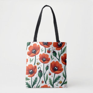 Cute Cartoon Pop Art Poppies Bees Ladybugs Women Tote Bag