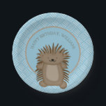Cute Cartoon Porcupine Kids Birthday Party Papieren Bordje<br><div class="desc">Deze schattige papieren borden zijn perfect voor kinderen die verjaardagsfeestjes hebben voor dierenvrienden en supporters van stekkers. Deze papieren borden zijn klaar om te worden aangepast met je eigen bericht in bruine letters en zijn voorzien van een schattige illustratie van de cartoon van een bruine en bruine stekker tegen een...</div>