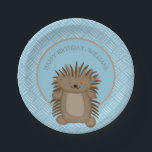 Cute Cartoon Porcupine Kids Birthday Party Papieren Bordje<br><div class="desc">Deze schattige papieren borden zijn perfect voor kinderen die verjaardagsfeestjes hebben voor dierenvrienden en supporters van stekkers. Deze papieren borden zijn klaar om te worden aangepast met je eigen bericht in bruine letters en zijn voorzien van een schattige illustratie van de cartoon van een bruine en bruine stekker tegen een...</div>