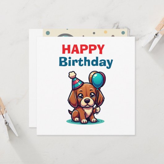 Cute Cartoon Puppy Dog Happy Birthday Card - Moder Kaart (Voorkant / Achterkant in situ)