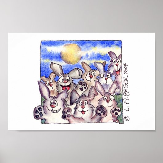 Cute Cartoon Rabbit Full Moon Poster Print (Voorkant)