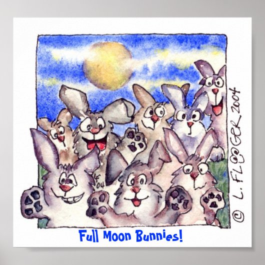 Cute Cartoon Rabbit Full Moon Poster Print (Voorkant)