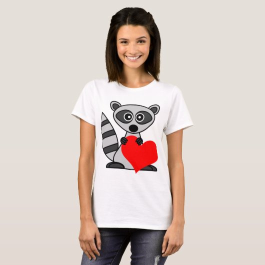 Cute Cartoon Raccoon Holding Heart T-shirt (Voorkant volledig)