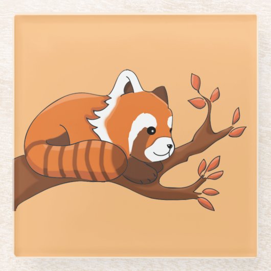Cute Cartoon Red Panda in de boom Glazen Onderzetter (Voorkant)