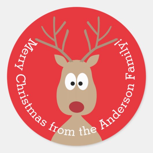 Cute Cartoon Reindeer - Merry Christmas Greeting Ronde Sticker (Voorkant)