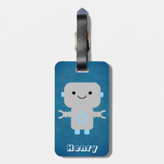 Cute Cartoon Robot Blue met naam Bagagelabel (Achterkant verticaal)