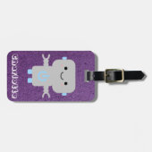 Cute Cartoon Robot Paars met naam Bagagelabel (Voorkant horizontaal)