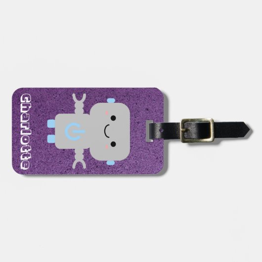 Cute Cartoon Robot Paars met naam Bagagelabel (Voorkant horizontaal)