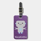 Cute Cartoon Robot Paars met naam Bagagelabel (Voorkant verticaal)