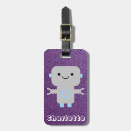Cute Cartoon Robot Paars met naam Bagagelabel