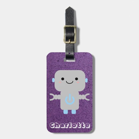 Cute Cartoon Robot Paars met naam Bagagelabel (Voorkant verticaal)