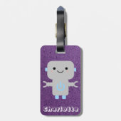 Cute Cartoon Robot Paars met naam Bagagelabel (Achterkant verticaal)