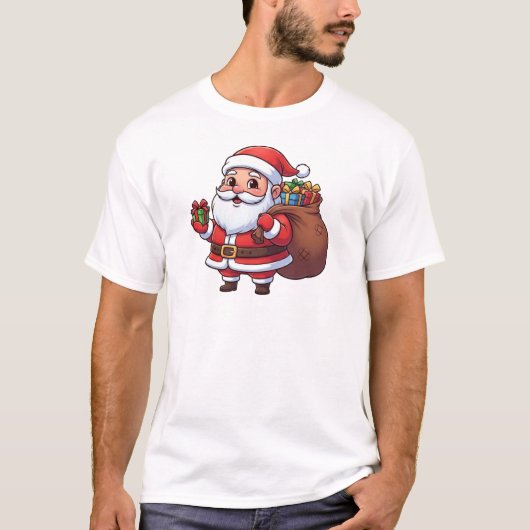 Cute Cartoon Santa Claus Holding Gift with Sack T-shirt (Voorkant)