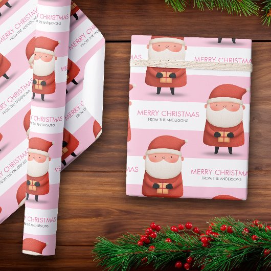 Cute Cartoon Santa Merry Christmas Name Pink Gift Cadeaupapier