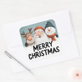 Cute Cartoon Santa Reindeer Snowman Merry Xmas Vierkante Sticker