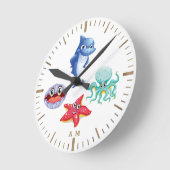 Cute Cartoon Sharp Octopus Starfish Shell Monogram Ronde Klok (Hoek)