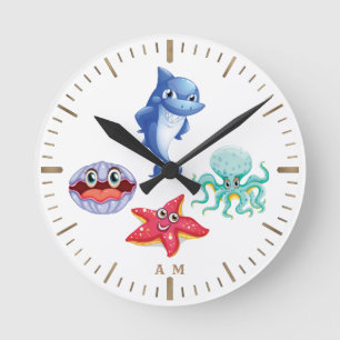 Cute Cartoon Sharp Octopus Starfish Shell Monogram Ronde Klok