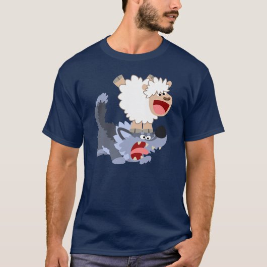 Cute Cartoon Sheep die speelt met Wolf T-Shirt (Voorkant)
