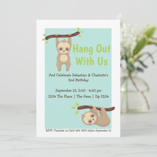 Cute Cartoon Sloth Birthday Party Kaart (Staand voorkant)