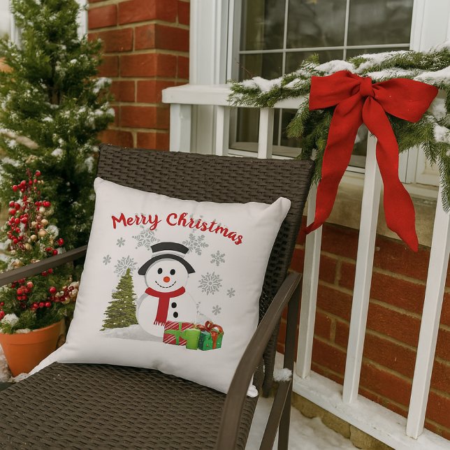 Cute Cartoon Snowman Kerstmis Buitenkussen (Add a cheerful touch to your porch with this festive snowman pillow)