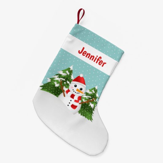Cute Cartoon Snowman met naam Red Kleine Kerstsok (Voorkant (Hangend))