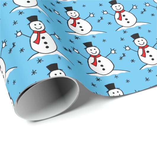 Cute Cartoon Snowman op Blauwe Kerstmis Cadeaupapier (Rol Hoek)