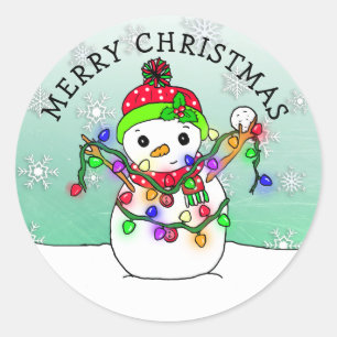 Cute Cartoon Snowman Snowflake Kerstmis Ronde Sticker