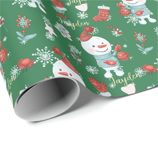 Cute Cartoon Snowmen Red Green Custom Cadeaupapier (Rol Hoek)
